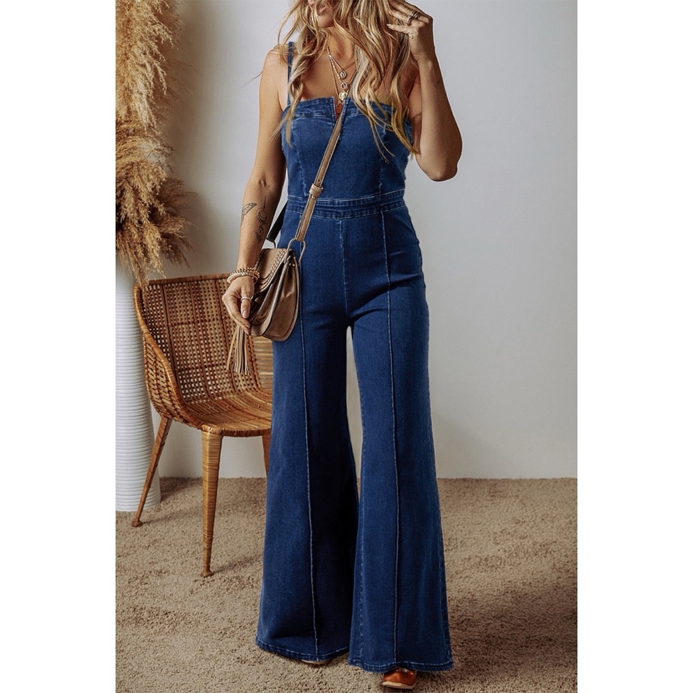 High-Waist Wide-Leg Blue Denim Jumpsuit